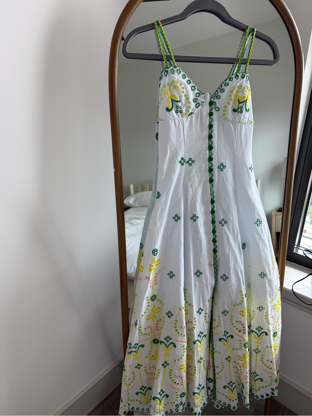 Charo Ruiz White Midi Dress with Green and Yellow Embroidery XS - Picture 2 of 8